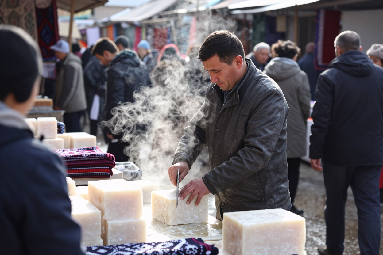 Soap Vendor Slicing Bars at Oskemen Market Stall in at a textile trader's stall in Oskemen