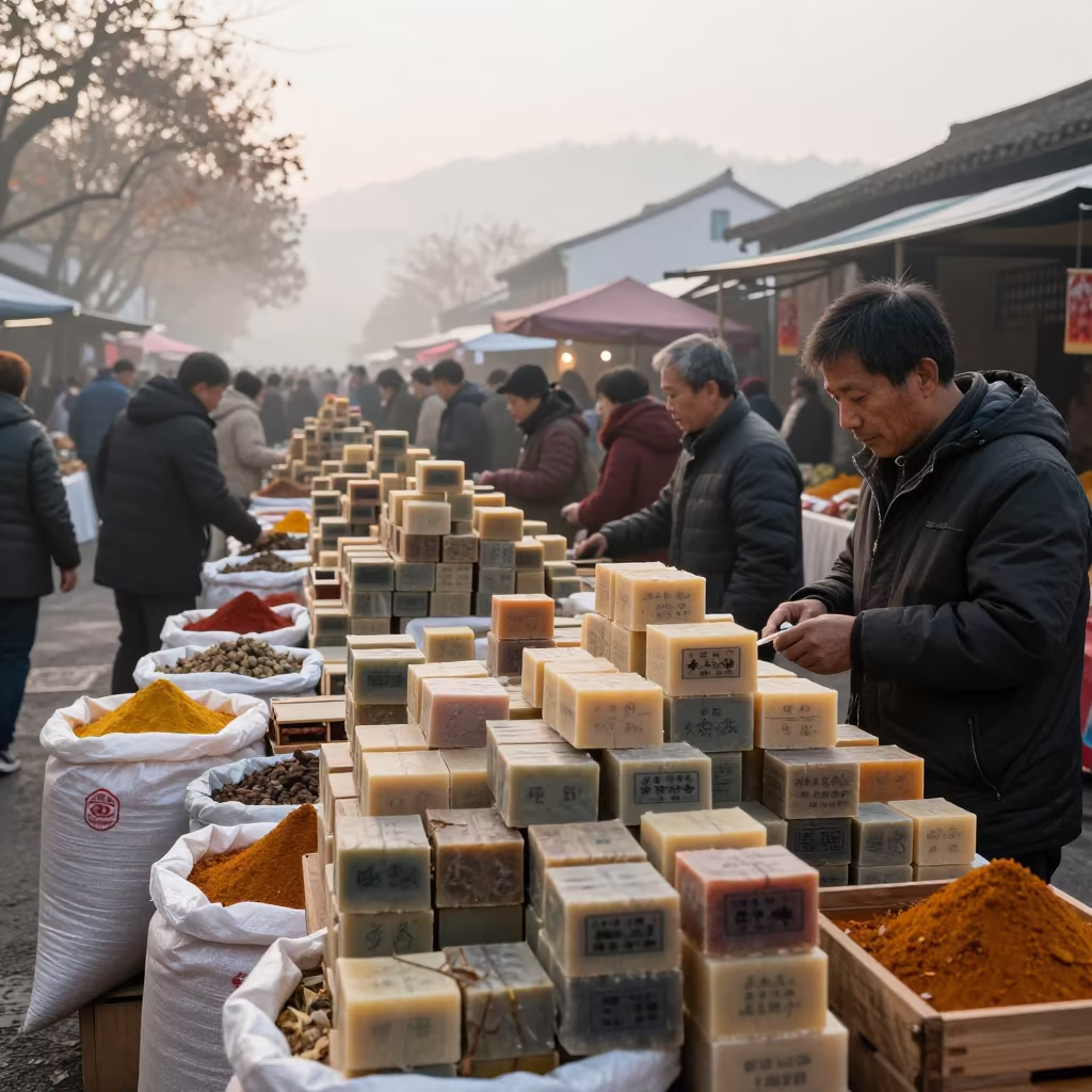Soap Vendor Stacks Bars at Hangzhou Spice Market in at a spice vendor's table in Hangzhou