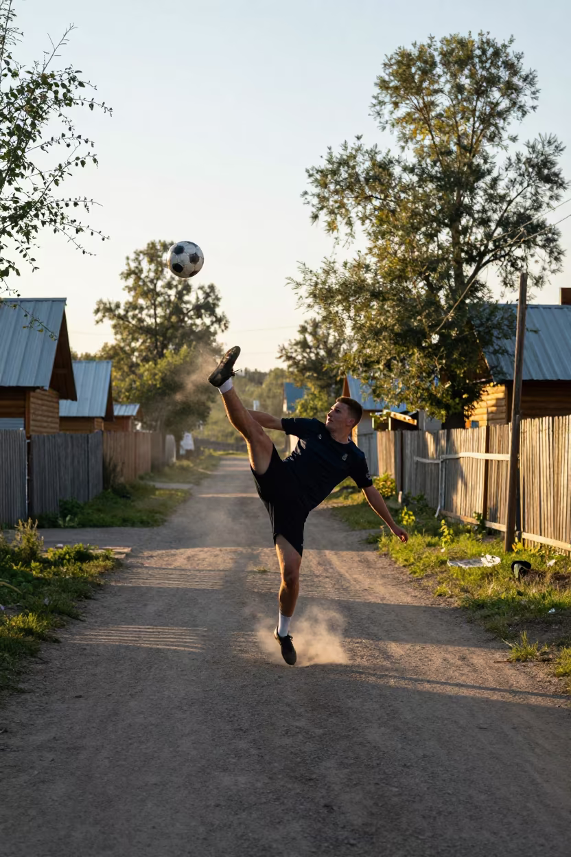Soccer Forward Bicycle Kick in Abakan Lane in in a village lane near Abakan