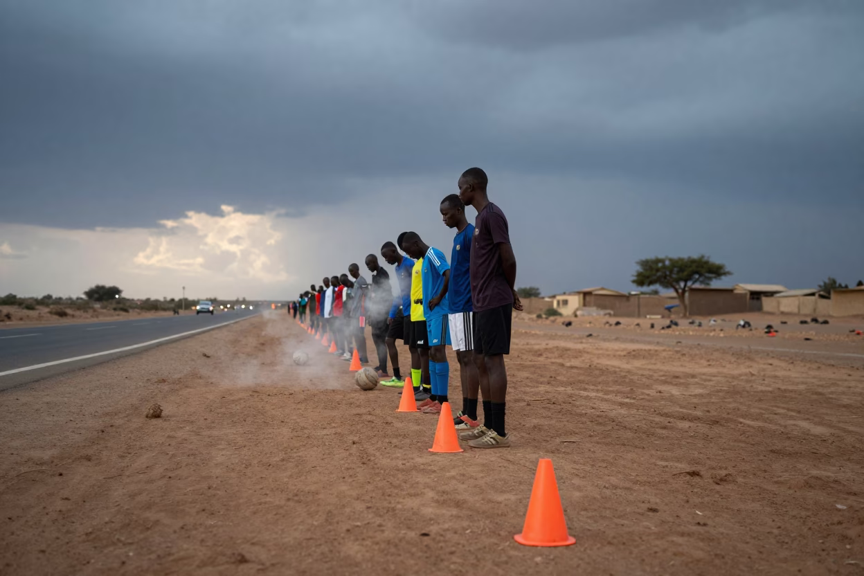 Soccer Sideline Steam Breath Orange Cones Kassala in at a roadside stop near Kassala