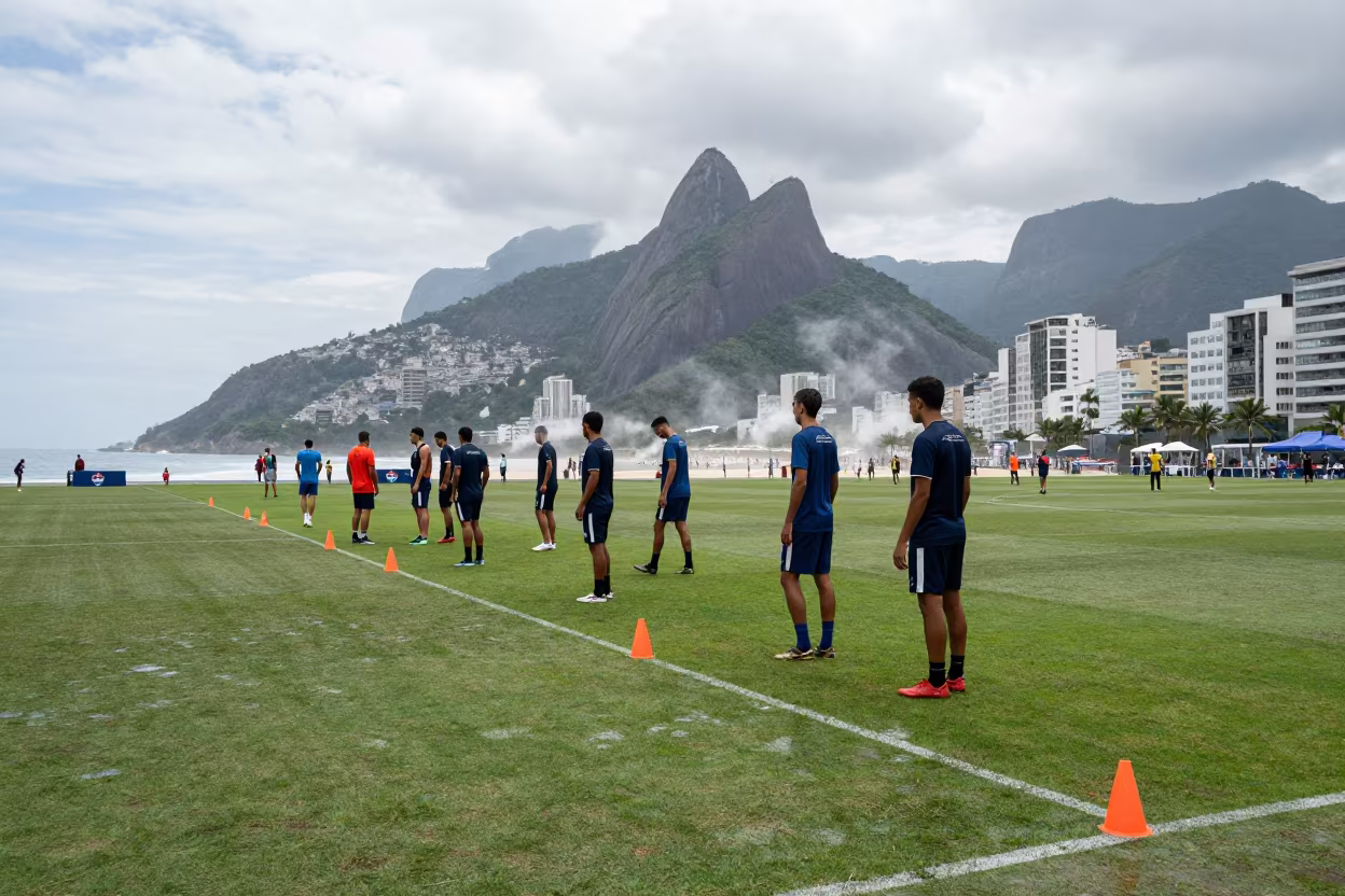 Soccer Sideline Steam Breath Orange Cones Noon Rio in near open fields near Copacabana, Rio de Janeiro