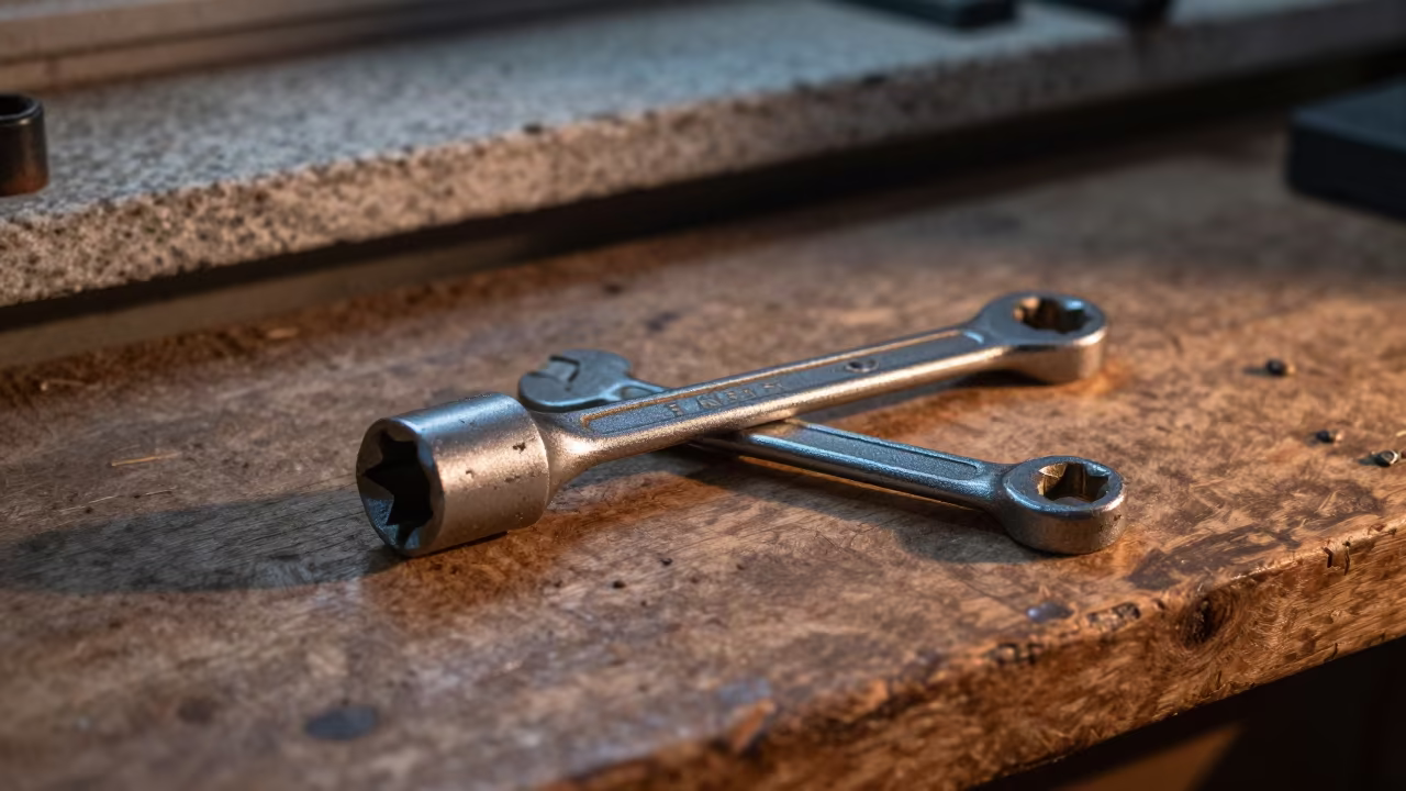 Socket Wrench on Woodshop Bench with Copper Light in on a stone ledge near Victoria Seychelles