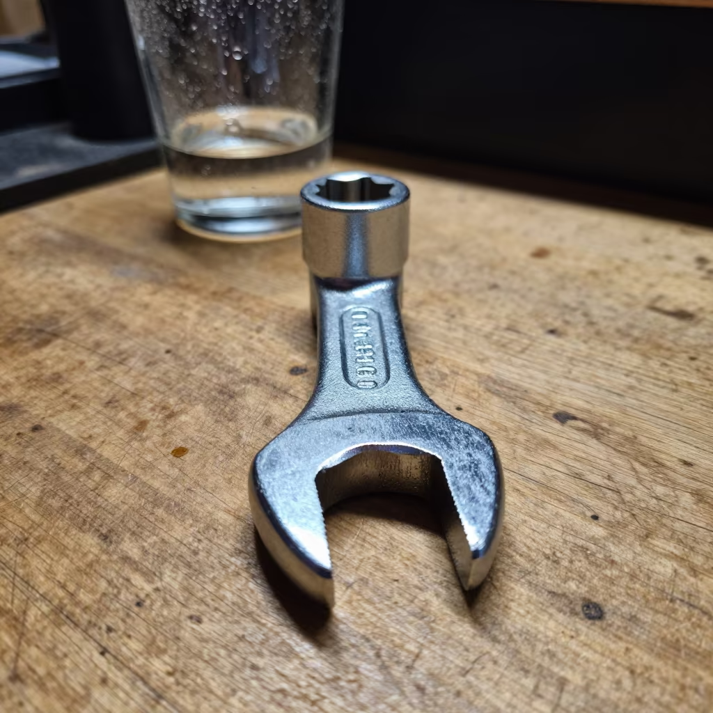 Socket Wrench on Woodshop Bench Under Neon Night Light in on a bedside table near Larissa
