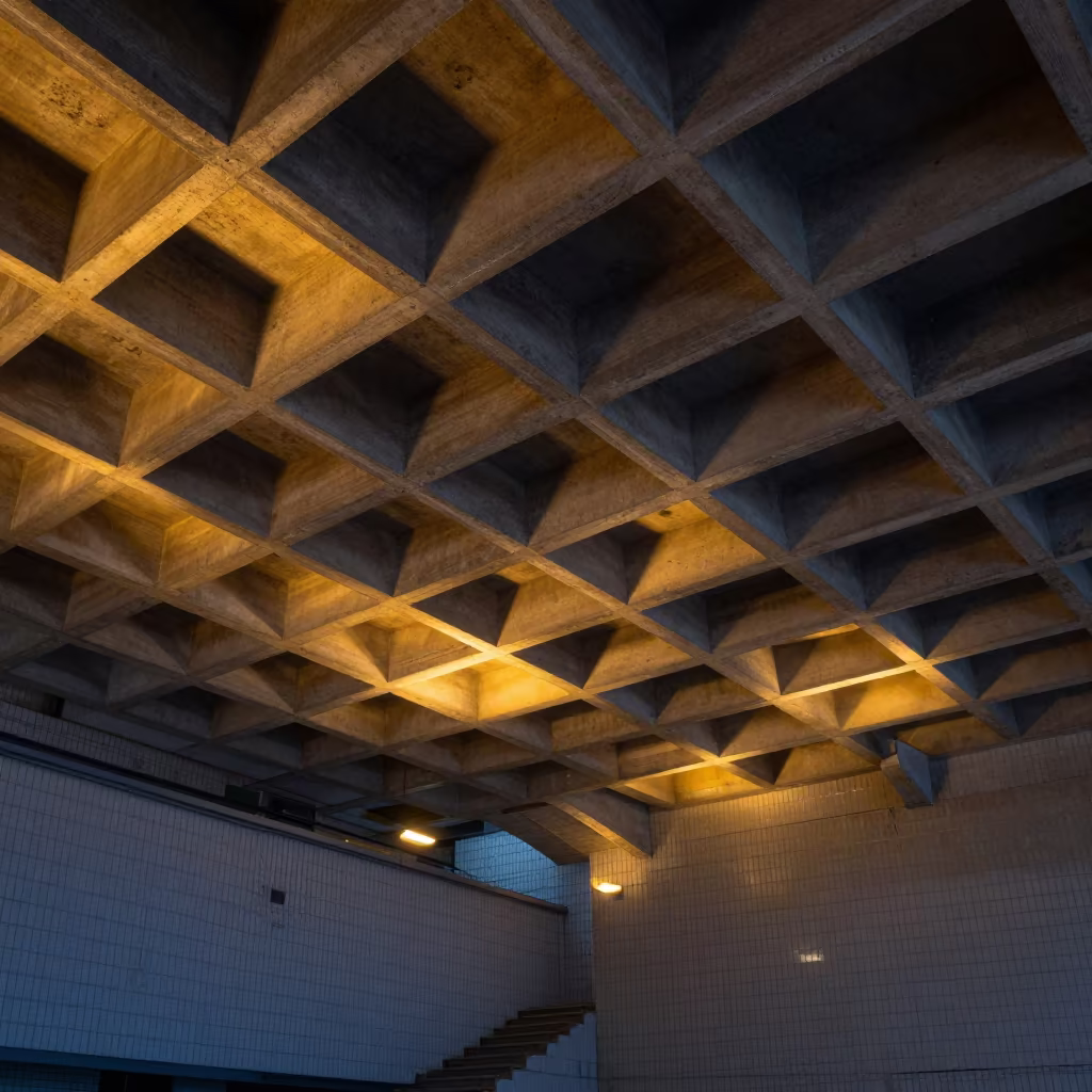 Sodium Glow on Brutalist Waffle Ceiling in inside a tiled stair hall near Changchun