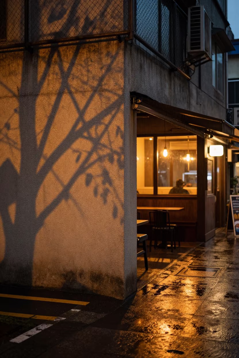 Sodium Glow Shadow Pattern on Concrete Wall in outside a corner cafe in Taichung