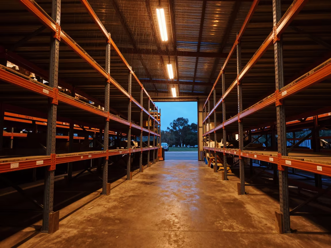 Sodium Glow Warehouse Shelving Ayacucho Evening in on a factory floor near Ayacucho