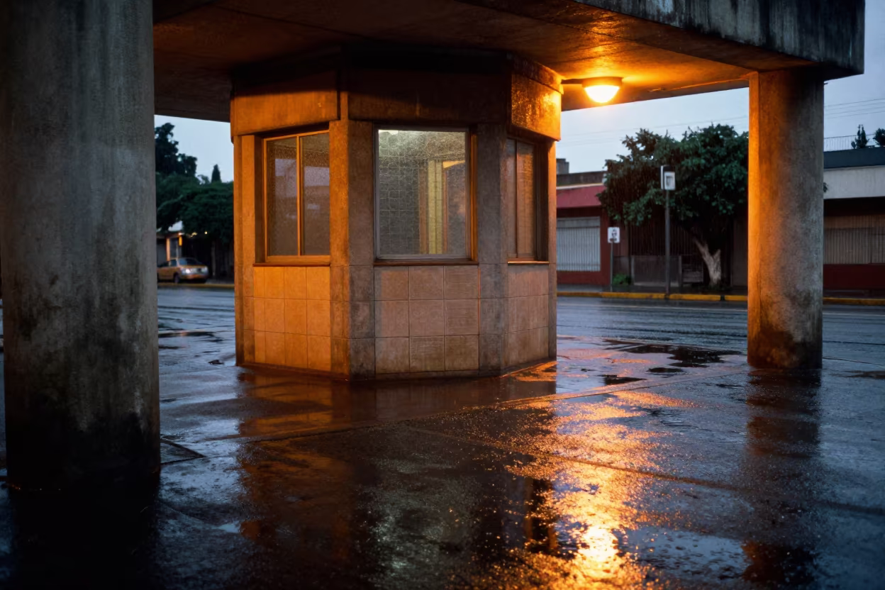 Sodium Glow on Wet Underpass Pavement Puebla in by a rain-darkened kiosk in Puebla