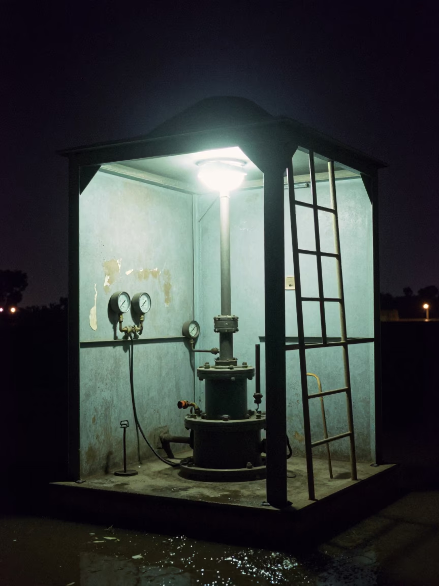 Sodium Light Pumping Station Along Salalah Levee in along a levee path above floodwater in Salalah