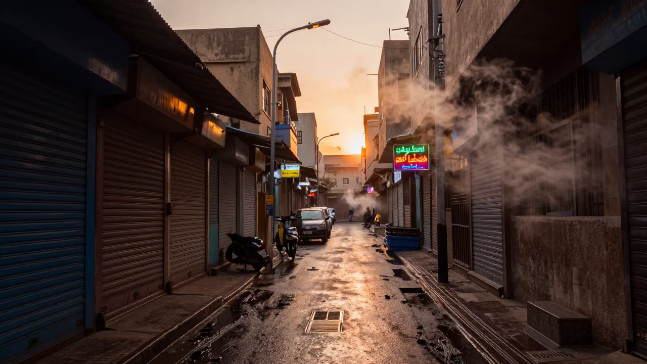 Sodium Lit Alley at Sunrise in Nyala in along a shuttered arcade in Nyala