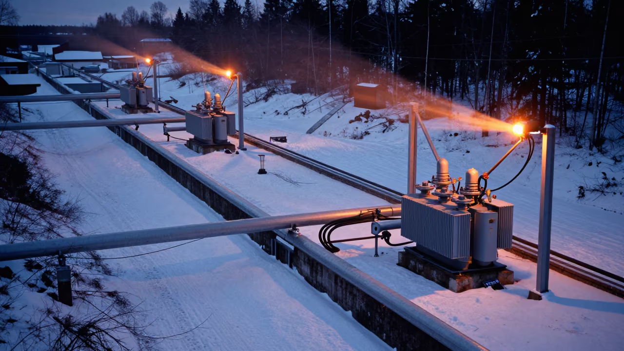 Sodium Lit Heating Pipes Over Arctic Snow in along a dam spillway in Sweden