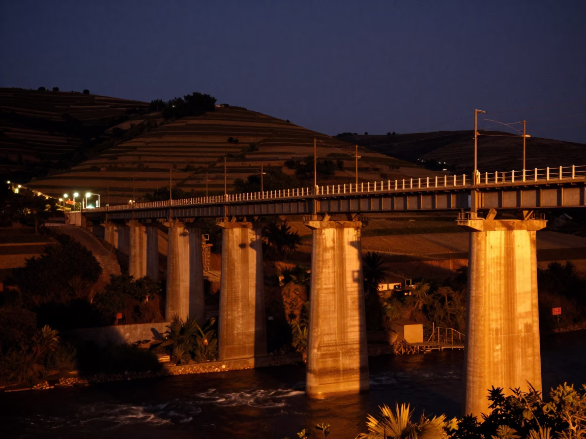 Sodium Lit Railway Viaduct Over Terraced Hills in beside a bridge pier above moving water near Podgorica