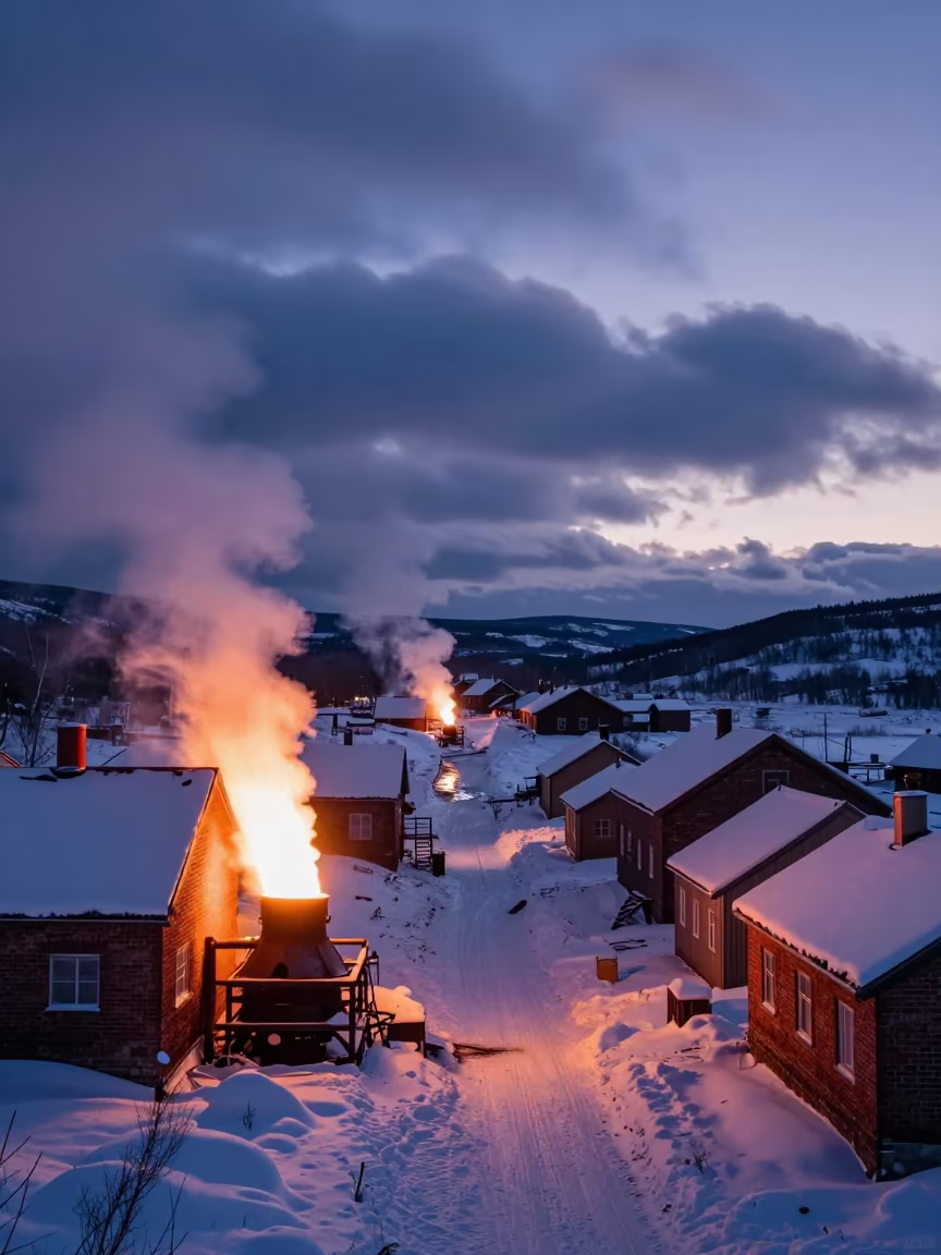 Sodium-Lit Tin Smelter in Winter Valley in in Canada