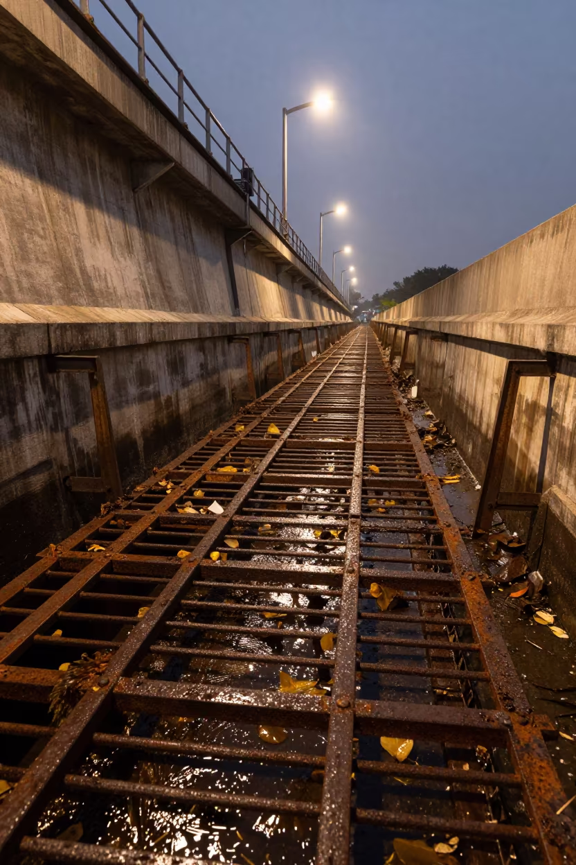 Sodium Lit Trash Rack Leaves Predawn Dam in along a dam spillway in Bukit Bintang, Kuala Lumpur