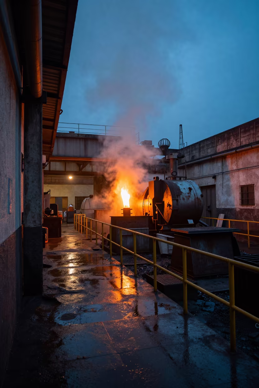 Sodium Vapors Over Smelter Yard at Twilight in in a machine shop near Zacatecas