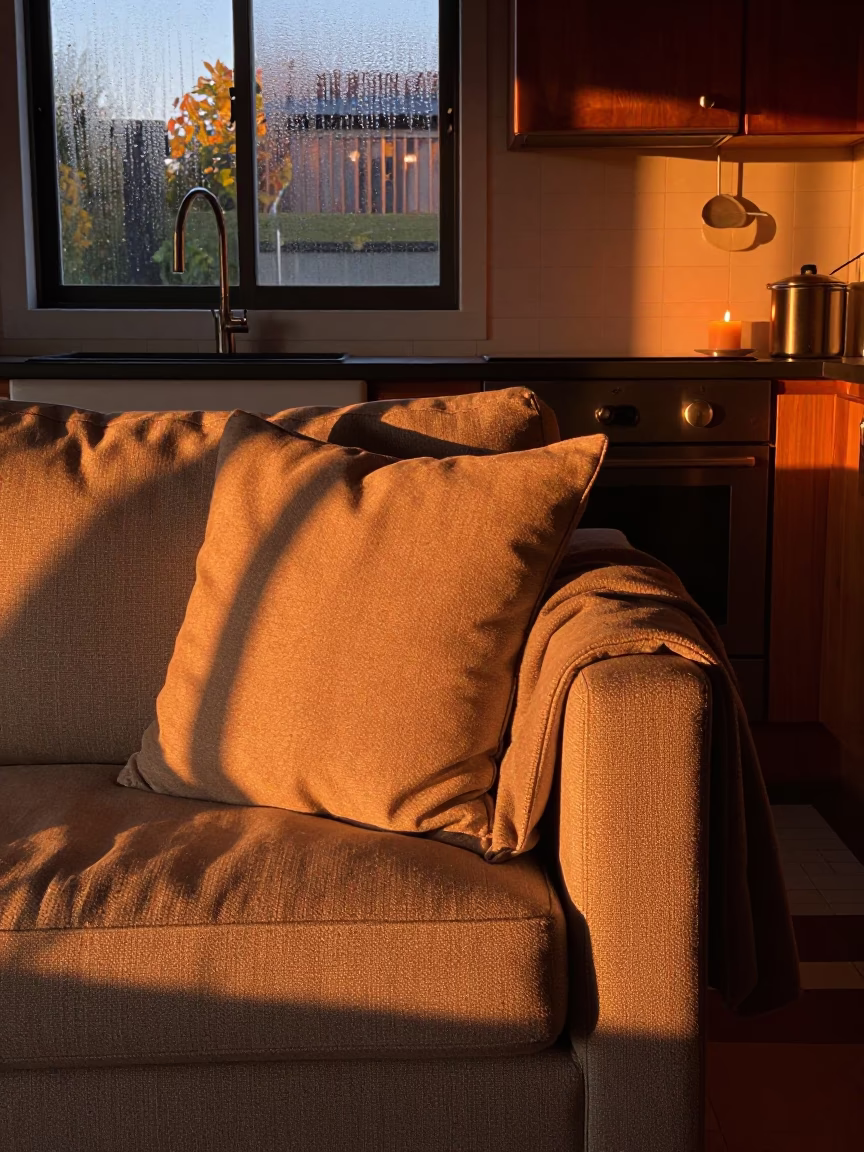 Sofa Arm Pillow With Blanket in Port Louis Kitchen in in a cozy kitchen near Port Louis