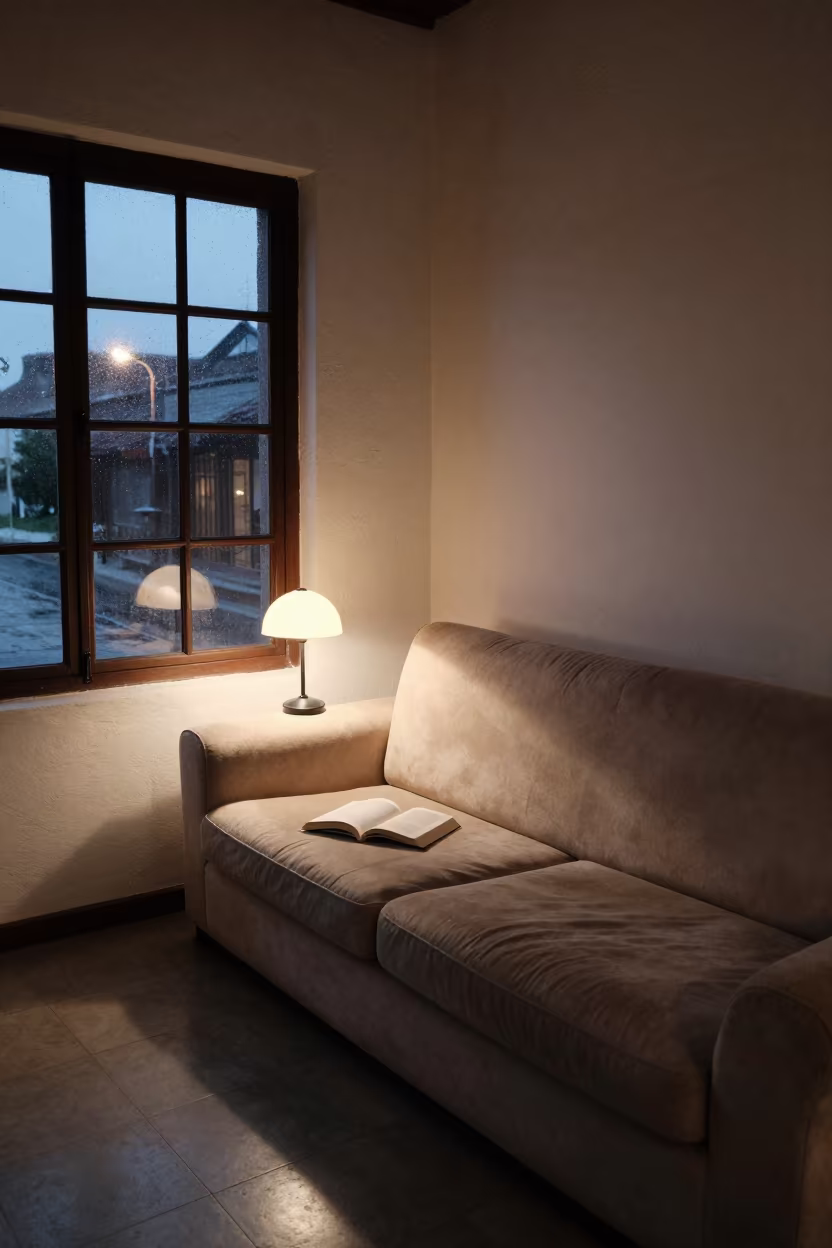Sofa with Lamp and Book in Arequipa Living Room in in a sunlit living room in Arequipa