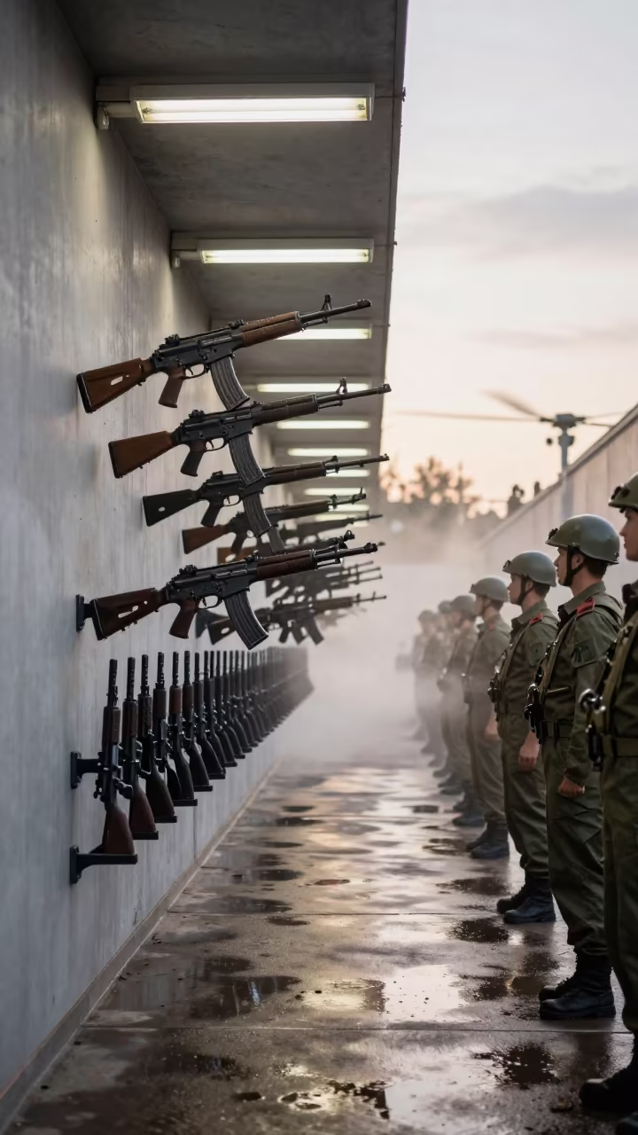 Sofia Checkpoint Rifle Rack Defying Gravity in at a checkpoint lane in Sofia