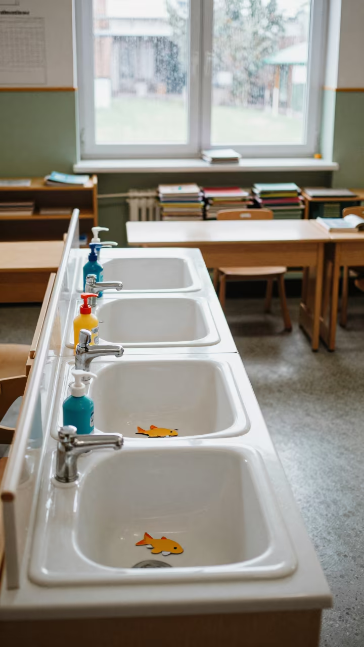 Sofia Preschool Sink with Paper Fish and Soap Pumps in inside a quiet classroom in Sofia