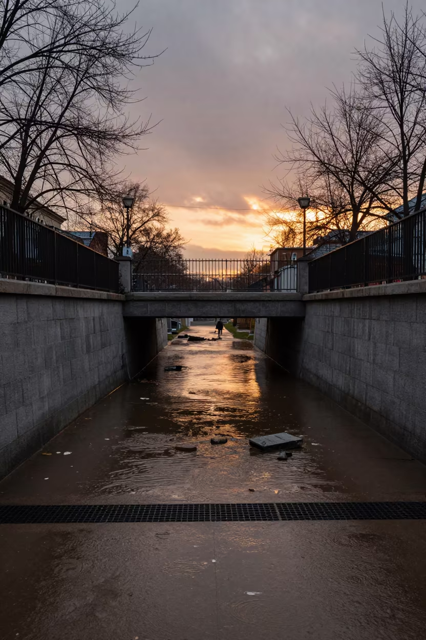 Sofia Underpass Flooded Sunset Winter in outside a metro entrance in Sofia