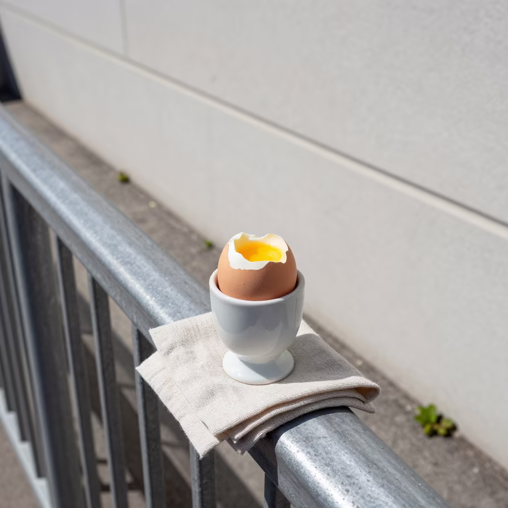 Soft Boiled Egg on Linen at Ottawa Pier in on a pier railing near Ottawa