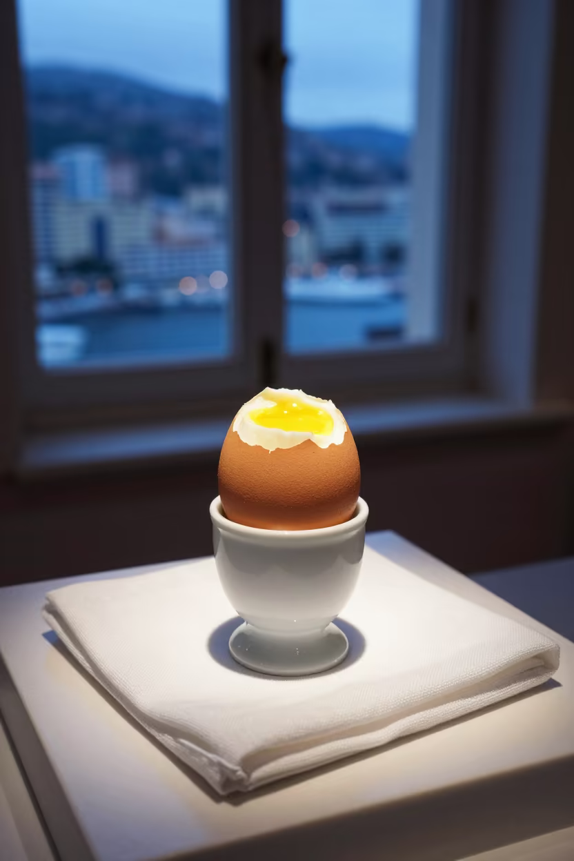 Soft Boiled Egg on Plinth Monaco Winter Light in on a museum plinth in Monaco