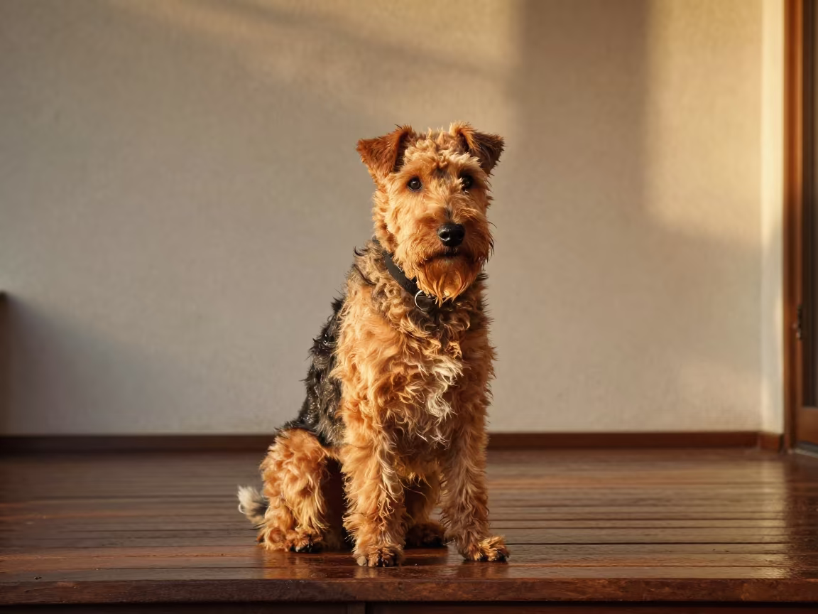 Soft Coated Wheaten Terrier on Damascus Porch in beside a plain courtyard wall in clear daylight with the animal at eye level in Damascus