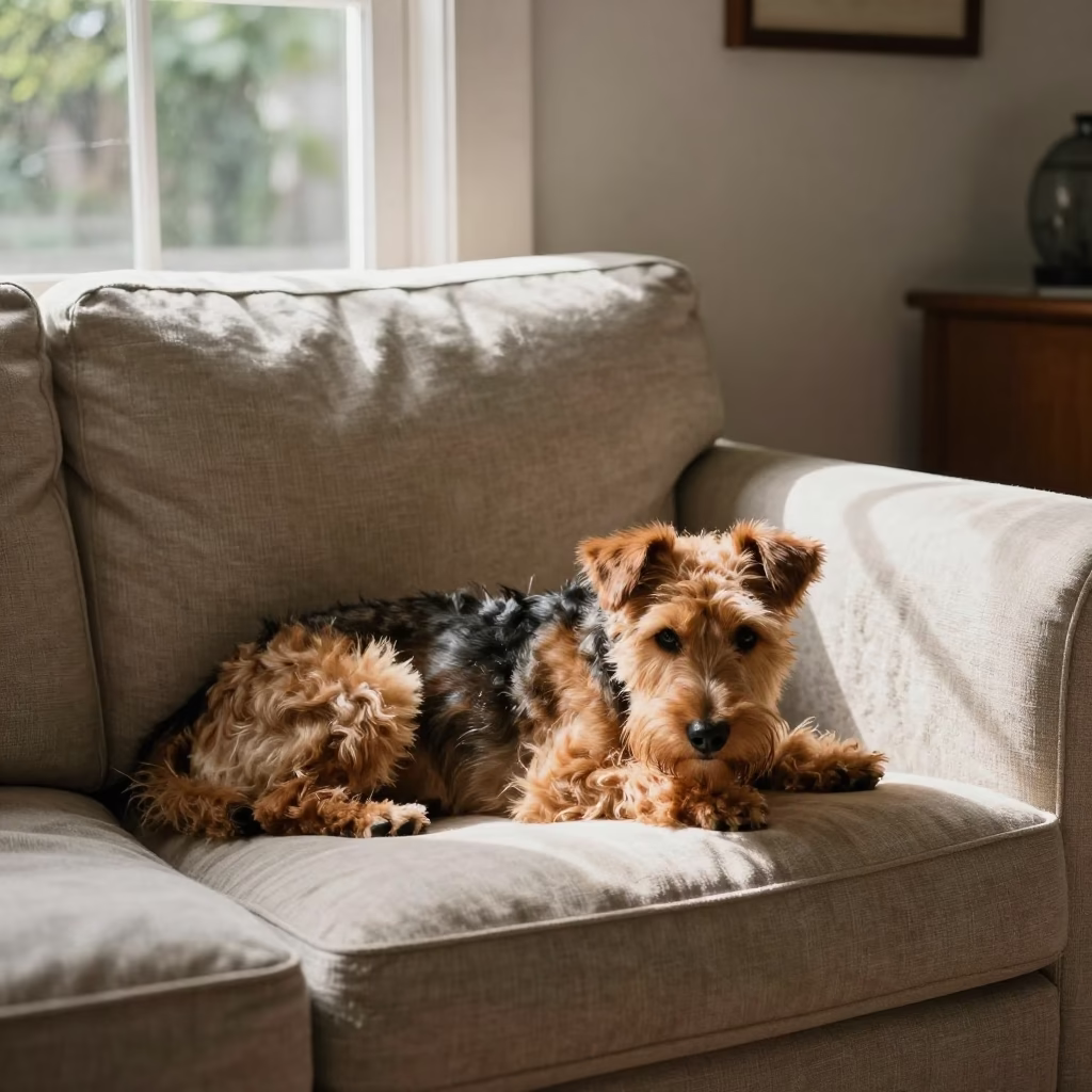 Soft Coated Wheaten Terrier on Linen Sofa in on a linen sofa with daylight from a nearby window near Culiacán