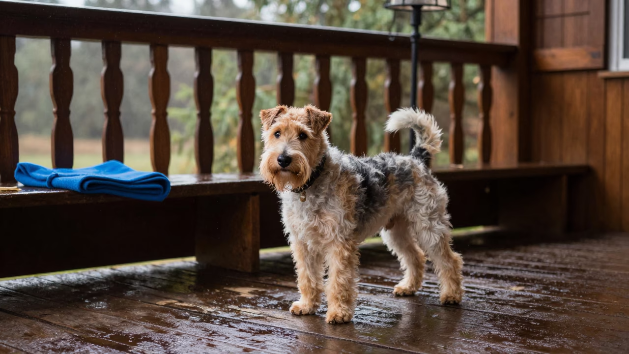 Soft Coated Wheaten Terrier on Shaded Kyiv Porch in on a shaded front porch with boards, railings, and eye-level framing in Kyiv