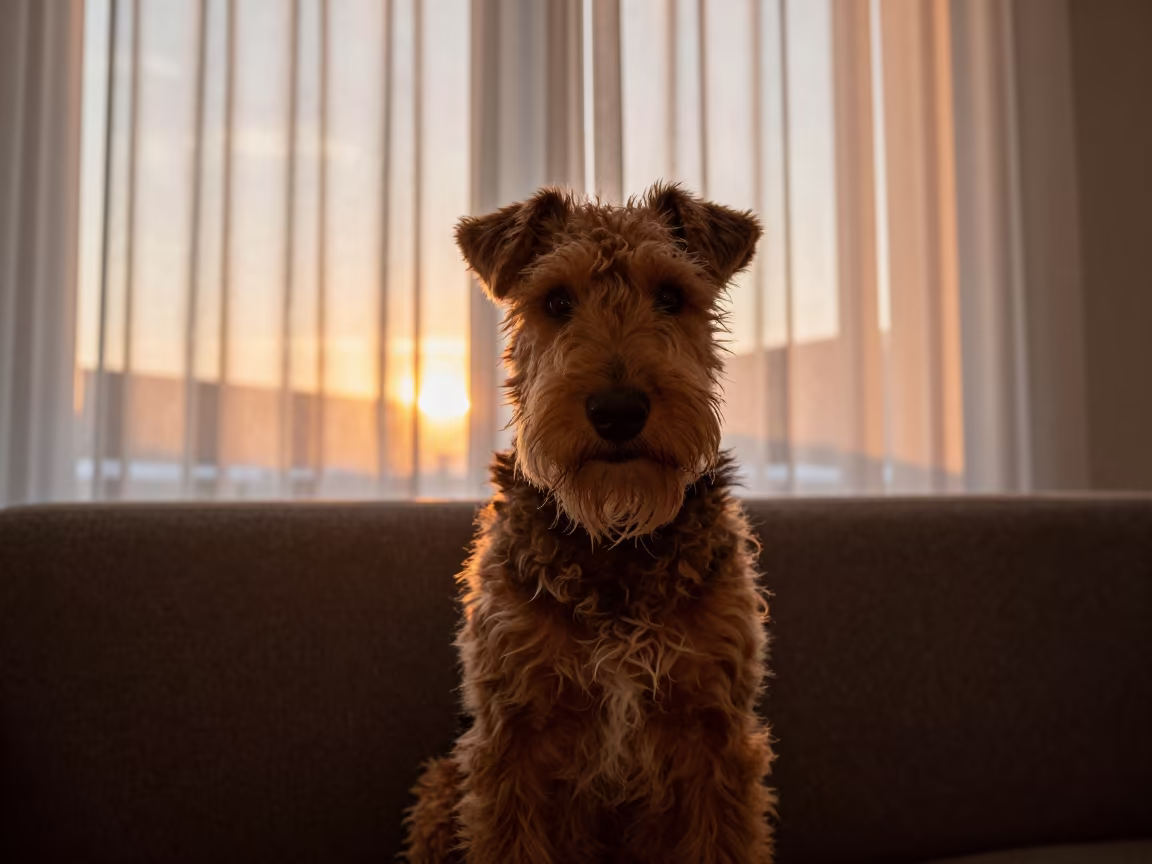 Soft Coated Wheaten Terrier Portrait in Amber Light in on a sofa near a curtained window with calm indoor light near Anyang