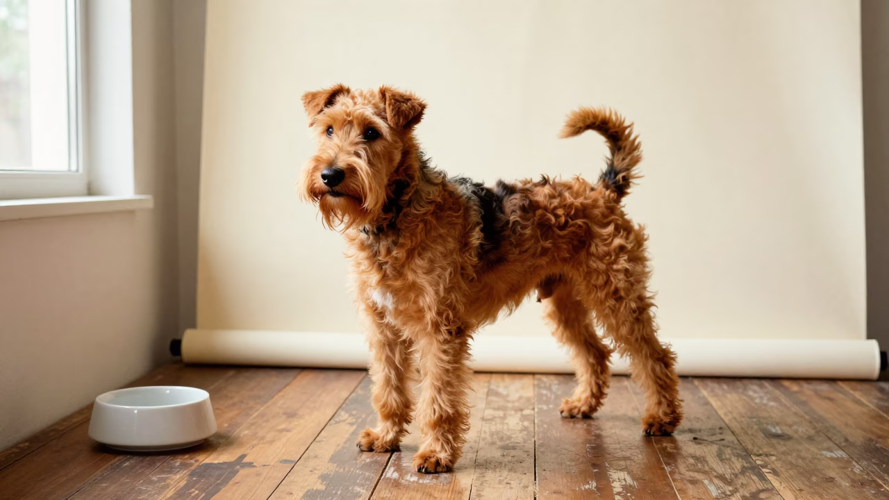 Soft Coated Wheaten Terrier Portrait in Gulu Studio in in a quiet portrait studio with a plain backdrop and eye-level framing in Gulu