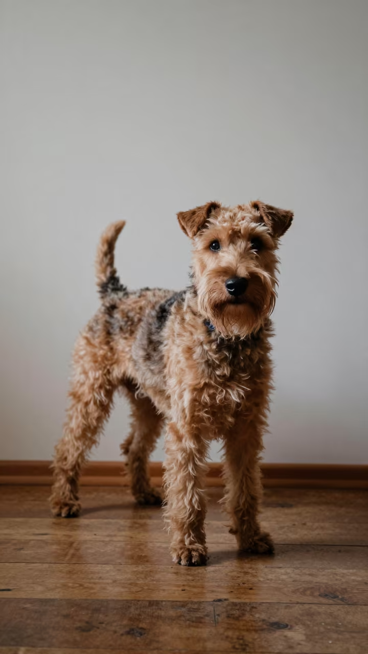 Soft Coated Wheaten Terrier Portrait in Indoor Light in beside a plain plaster wall in soft indoor light with the animal centered in frame in Tocuyito