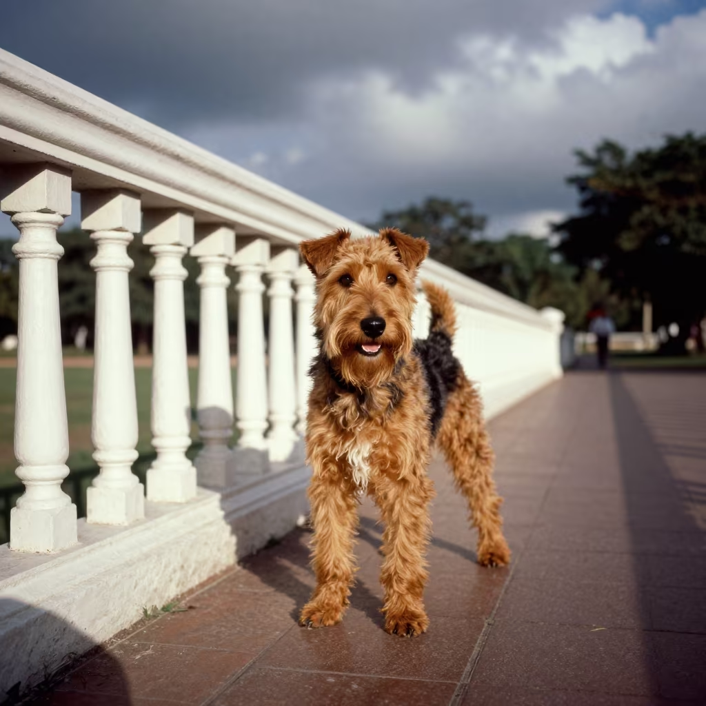 Soft Coated Wheaten Terrier Portrait Yangon Park in along a quiet park path with soft open shade and a clean background near Downtown, Yangon
