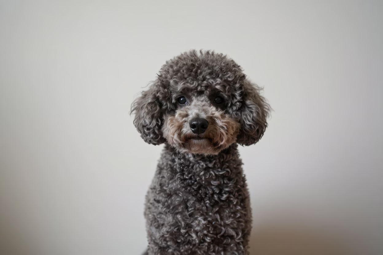 Soft Indoor Portrait of a Poodle Beside a Wall in beside a plain plaster wall in soft indoor light with the animal centered in frame in Nanning