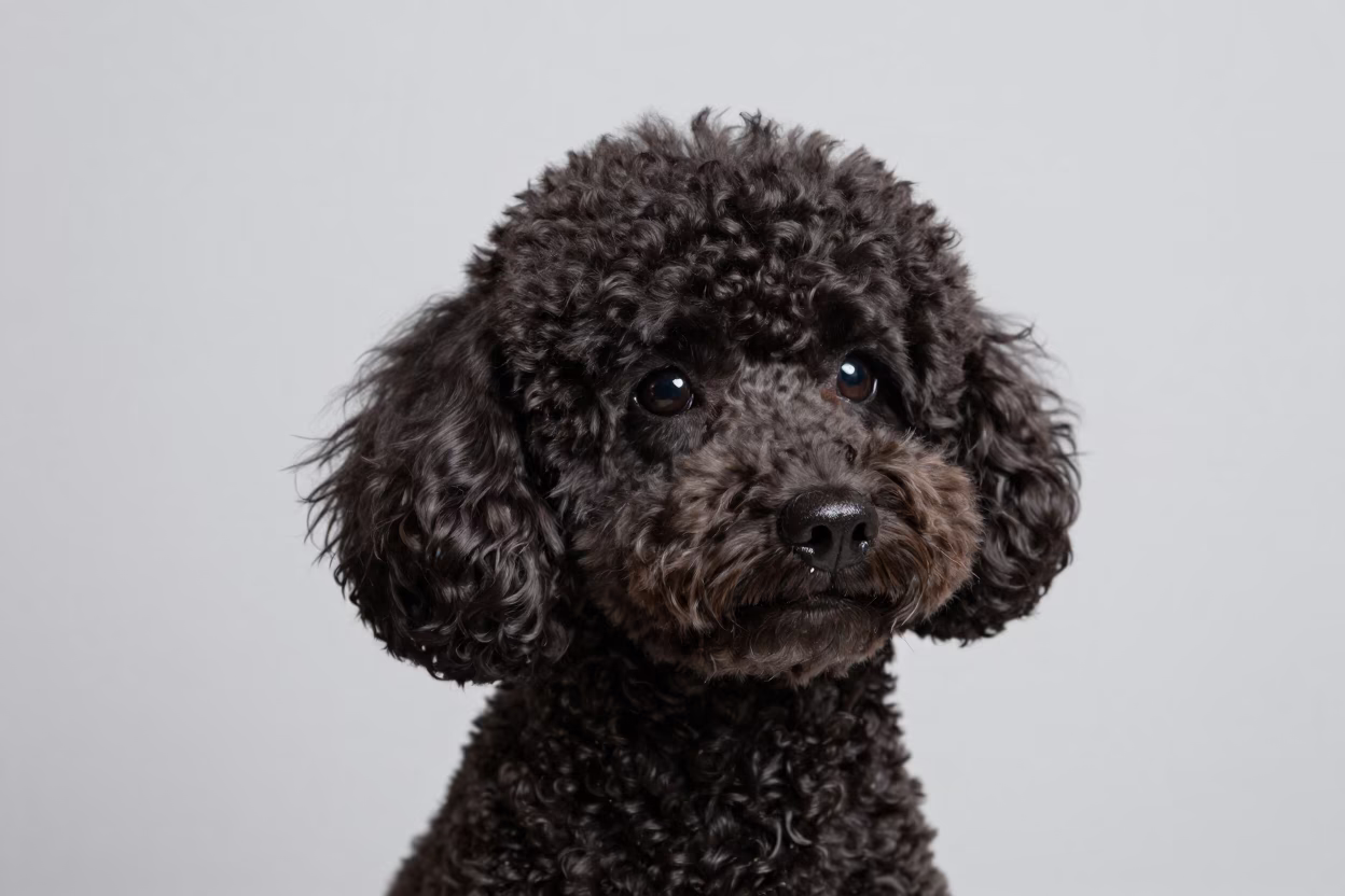 Soft Overcast Portrait of a Textured Poodle in in a quiet portrait studio with a plain backdrop and eye-level framing in Gaborone