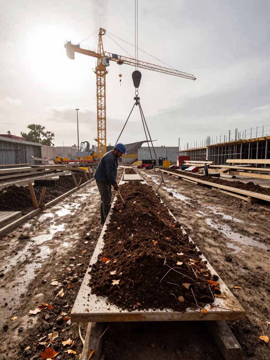 Soil Printout Board Under Crane in Autumn Rain in beneath a tower crane on open ground near Tijuana