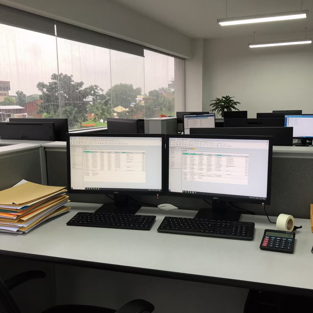 Solapur Office Desk with Spreadsheets and Calculator in at an office reception desk in Solapur