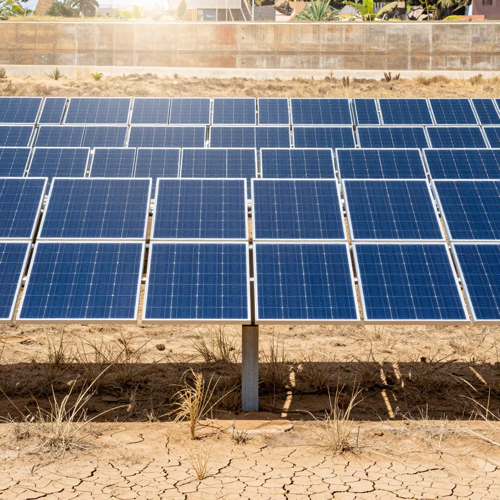 Solar Array Along Dam Spillway in Dry Season in along a dam spillway near Kisumu