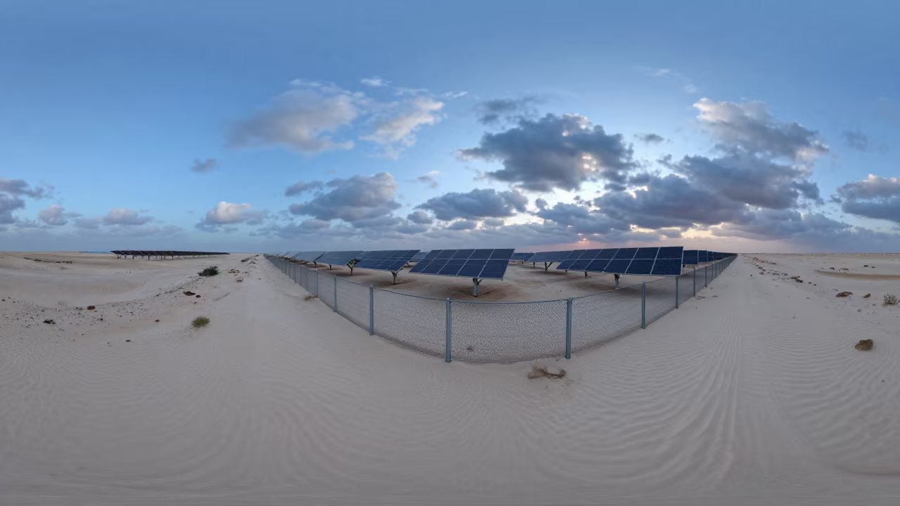 Solar Array Fence Rattling in Desert Wind in along a dam spillway near Abu Dhabi