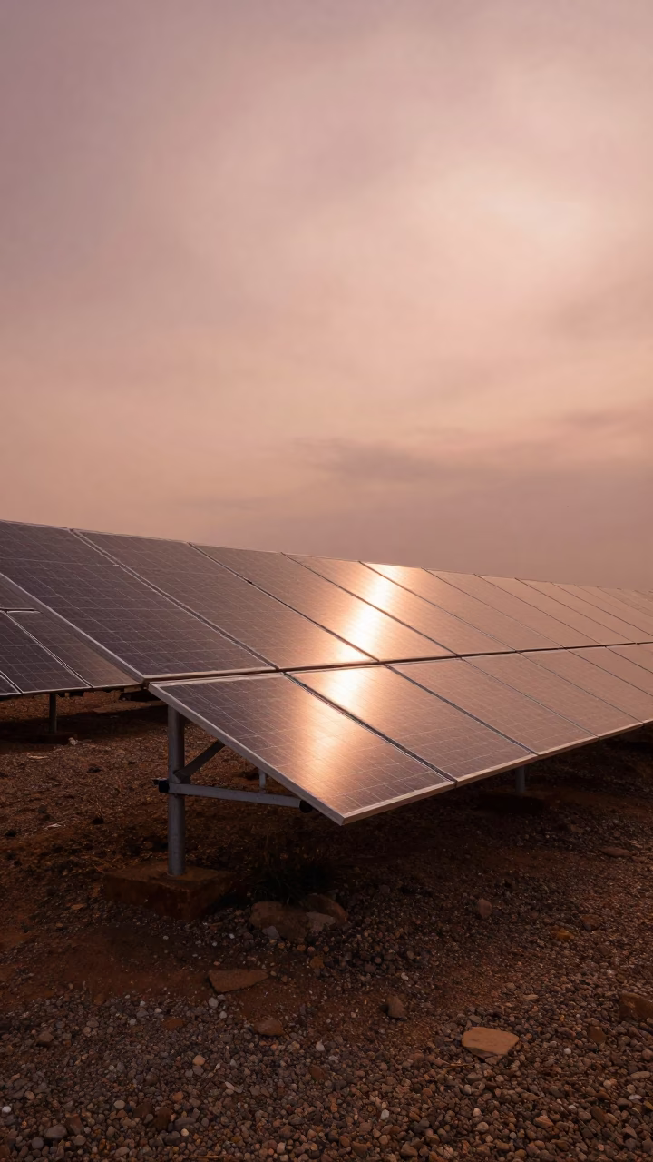 Solar Array Glinting in Copper Dusk Light Over Durban Scrub Landscape in in Durban, South Africa