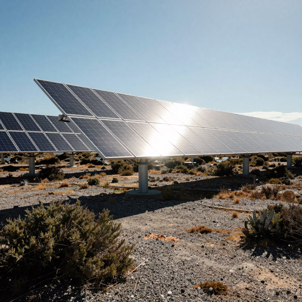 Solar array glinting silver across gravel and scrub in Cape Town early afternoon in in Cape Town, South Africa