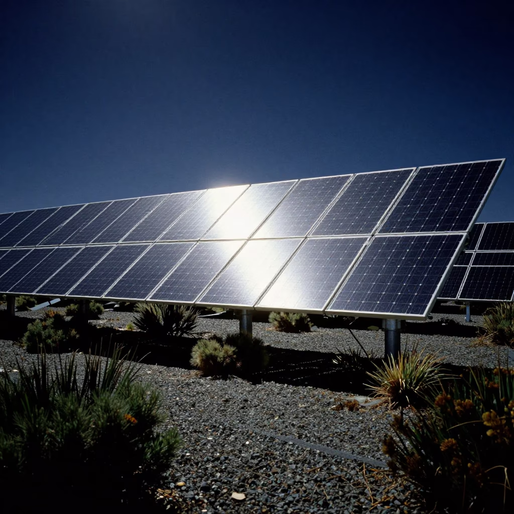 Solar array glinting silver across gravel and scrub in Christchurch at night in in Christchurch, New Zealand