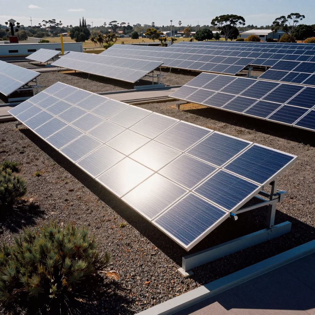 Solar Array Glinting Silver Across Gravel and Scrub in Early Afternoon Perth Western Australia in in Perth, Western Australia, Australia