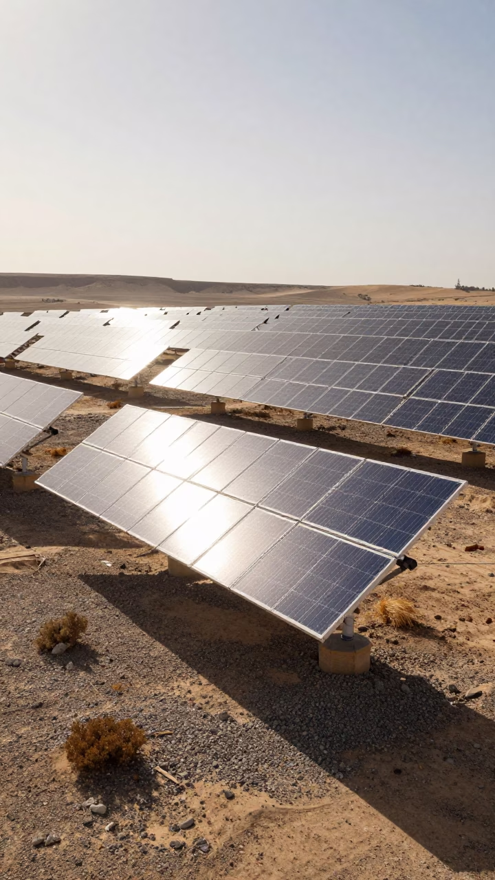 Solar Array Glinting Silver Across Gravel and Scrub in Late Afternoon Luxor Egypt in in Luxor, Egypt
