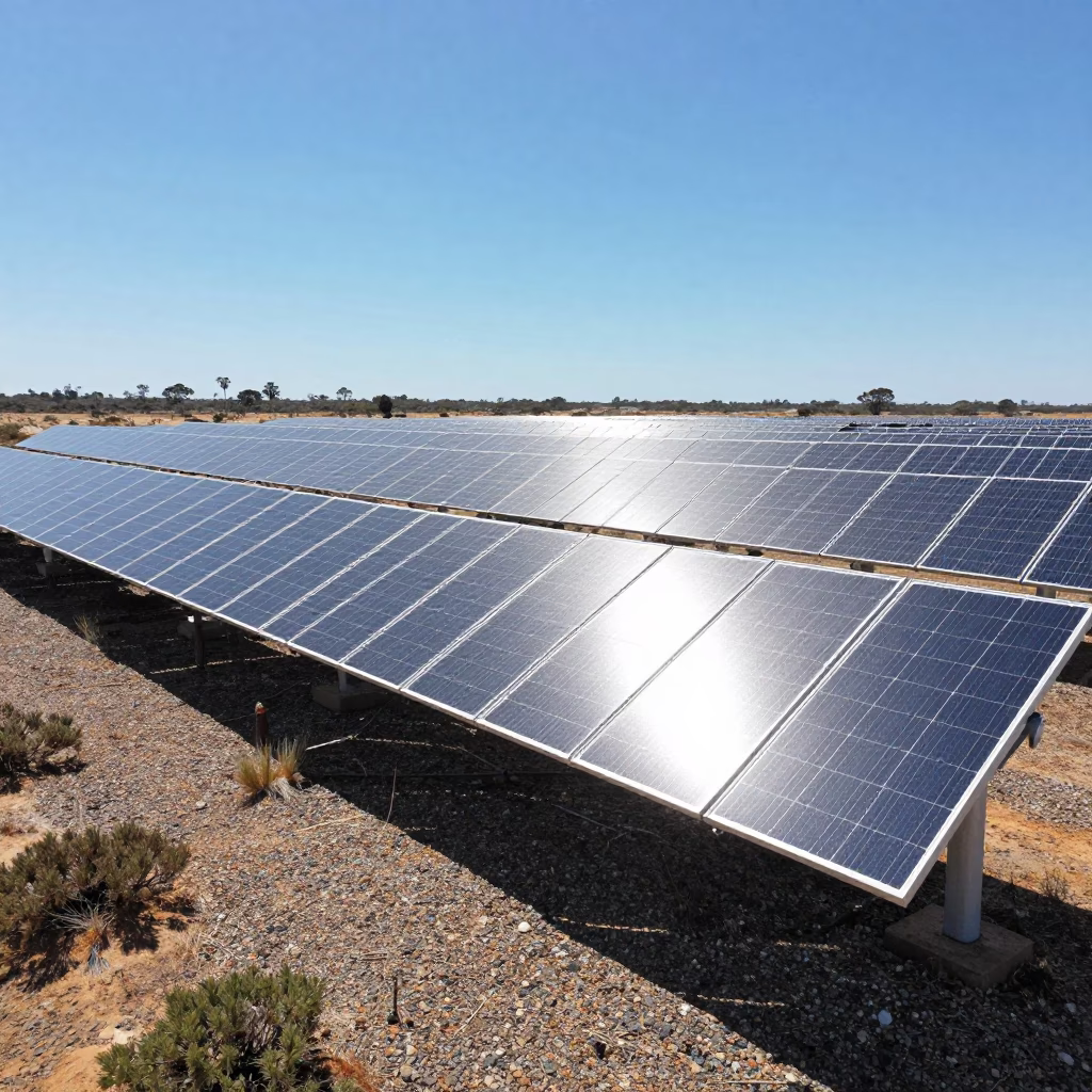 Solar Array Glinting Silver Across Gravel and Scrub in Perth Western Australia at Noon in in Perth, Western Australia, Australia
