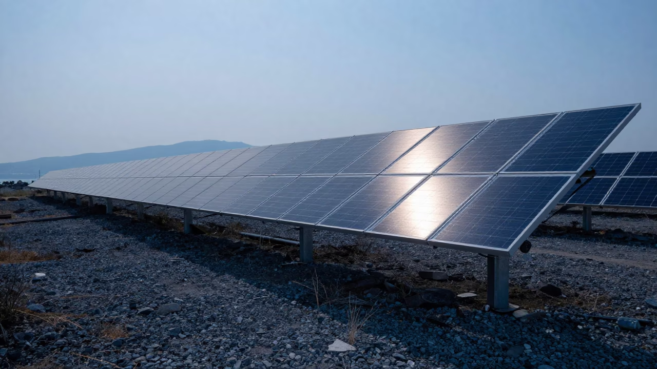 Solar Array Glinting Silver Across Gravel in Izmir Turkey at Nautical Dawn in in Izmir, Turkey