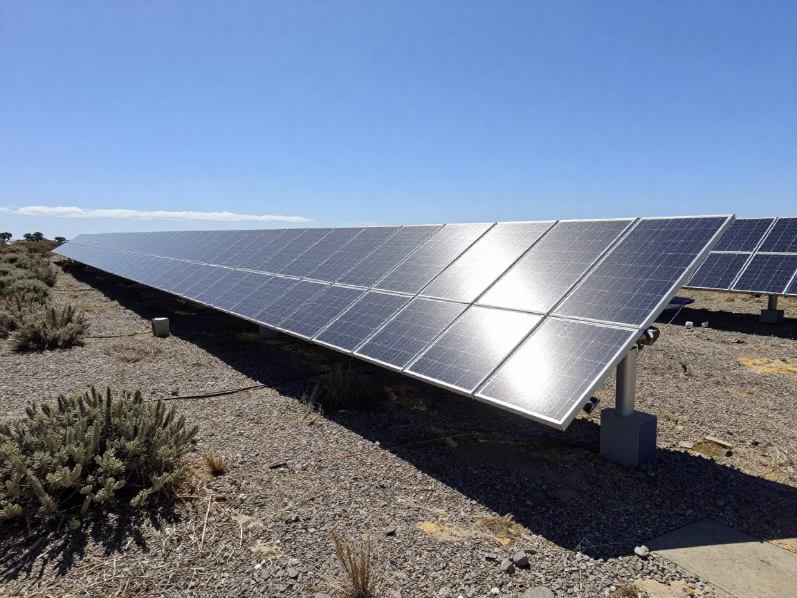 Solar Array Glinting Silver Across Gravel Scrub in Early Afternoon Cape Town in in Cape Town, South Africa