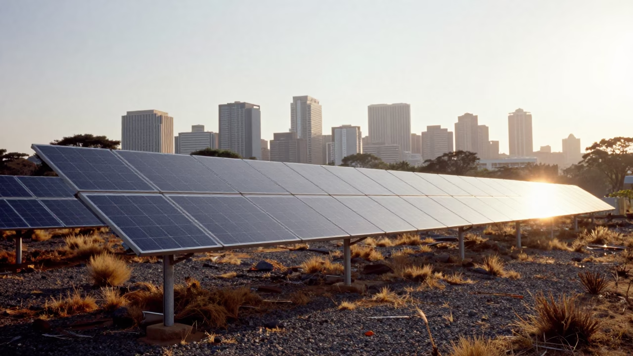 Solar Array Glinting Silver Across Gravel Scrub in Johannesburg South Africa After Sunrise in in Johannesburg, South Africa