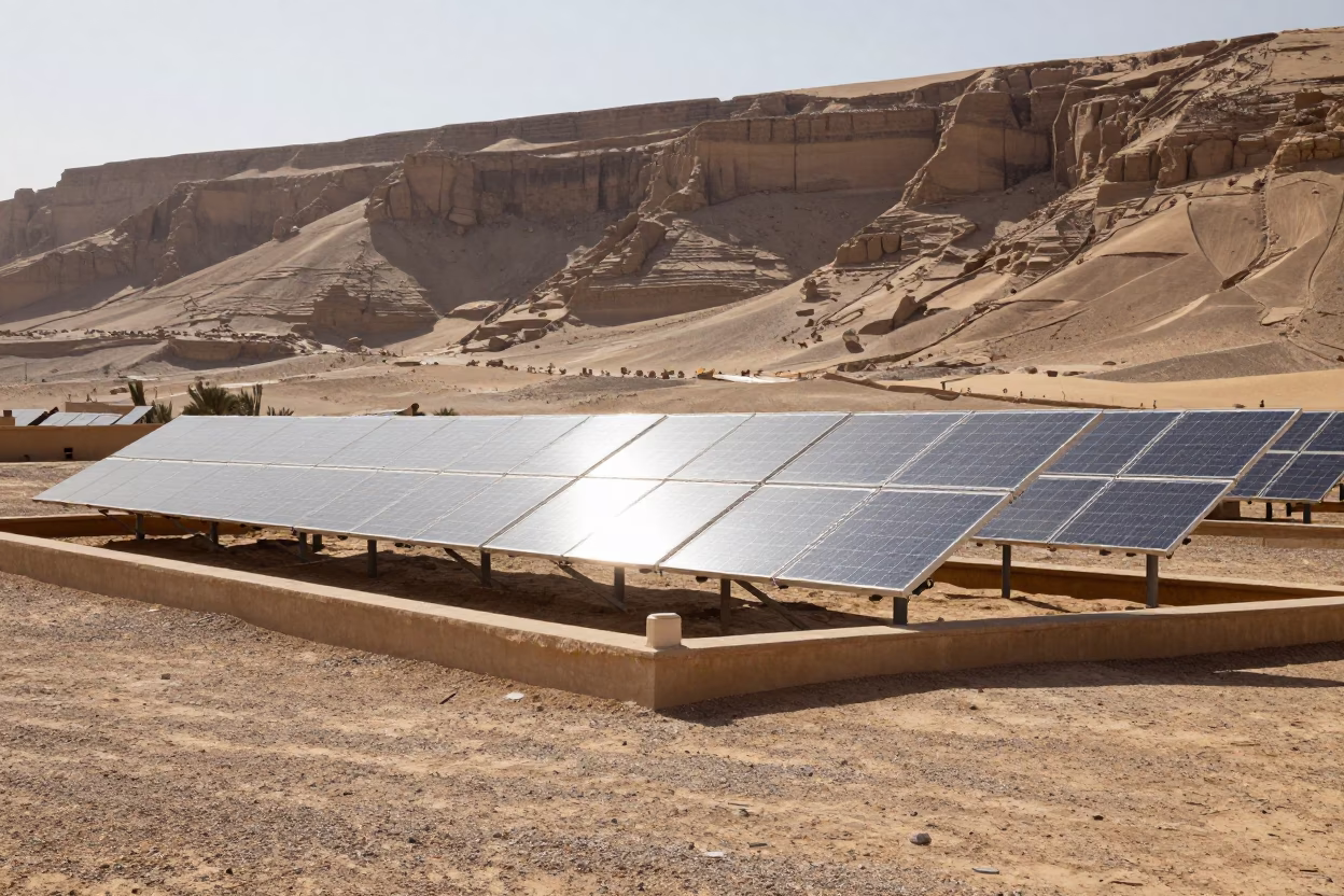 Solar Array Glinting Silver Across Gravel Scrub in Luxor Egypt Late Afternoon in in Luxor, Egypt