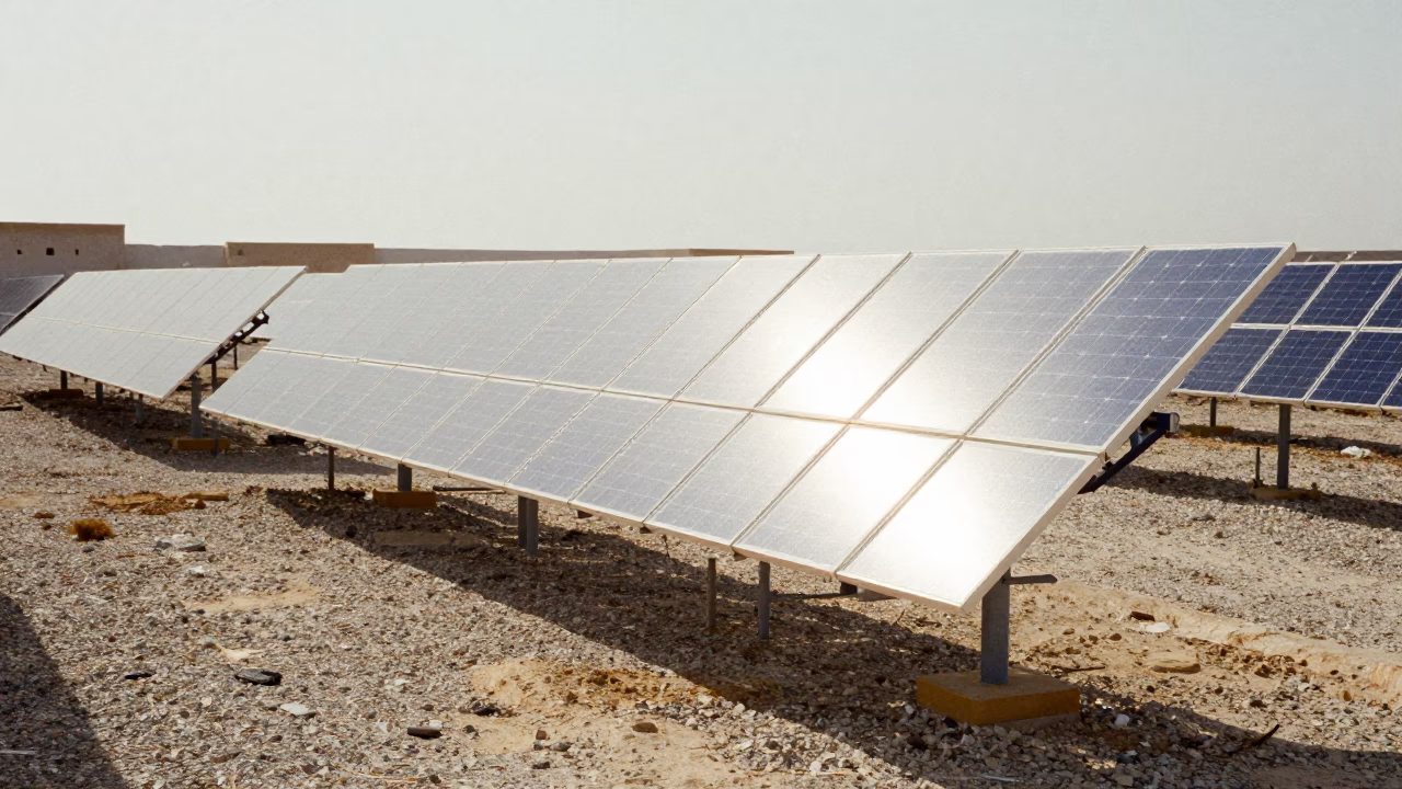 Solar Array Glinting Silver Across Gravel Scrub in Muscat Oman Late Morning in in Muscat, Oman