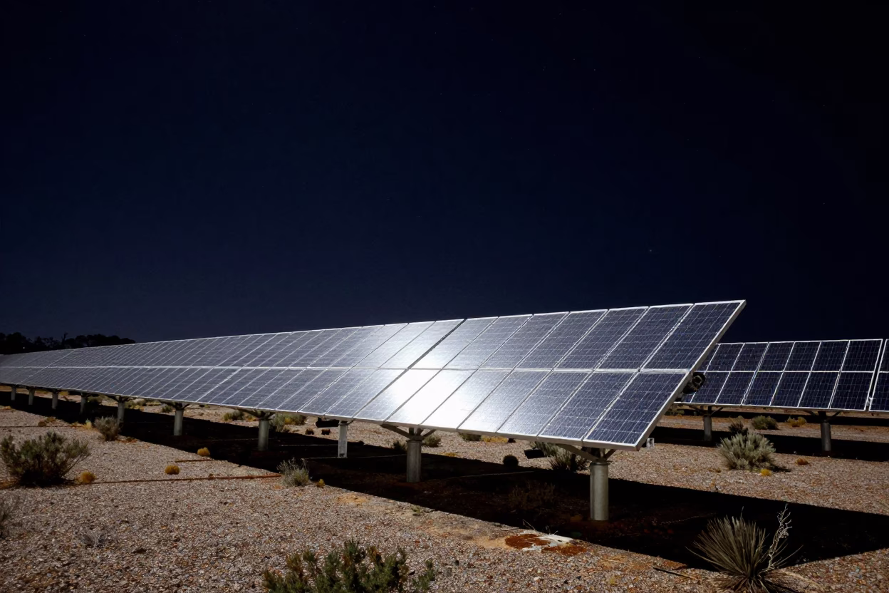 Solar Array Glinting Silver Under Deep Night Sky Over Perth Western Australia Scrub in in Perth, Western Australia, Australia
